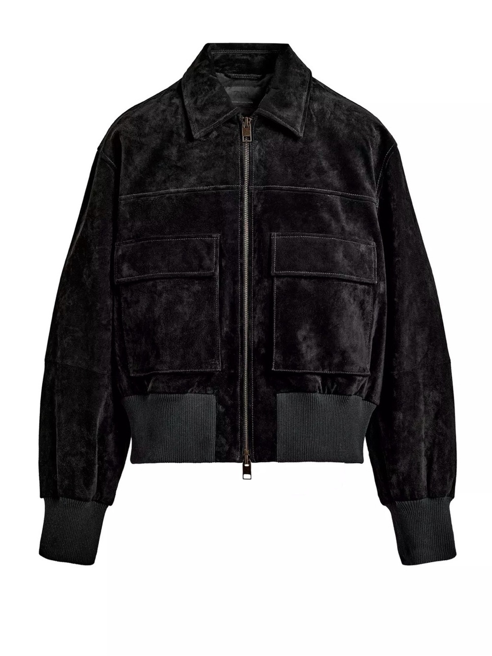 Zara Black Suede Bomber Jacket with Patch Pockets